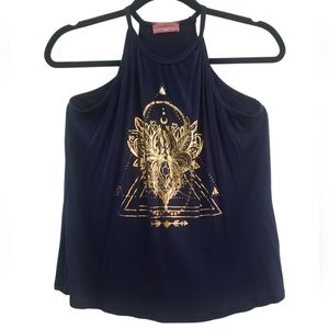 EUC - Women's Navy with Gold Design Sleeveless Top SZ M